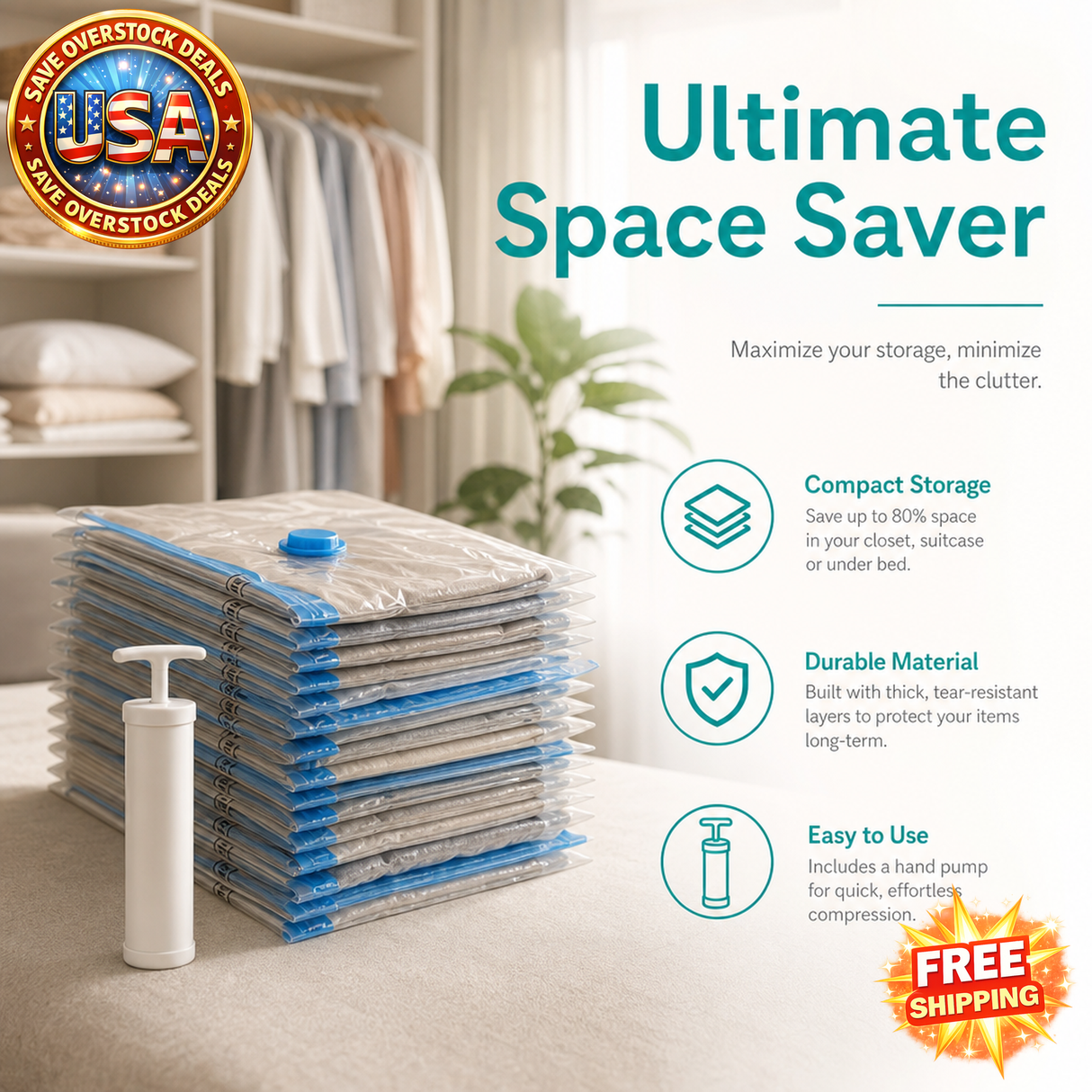 15 Pack Vacuum Storage Bags with Hand Pump for Travel