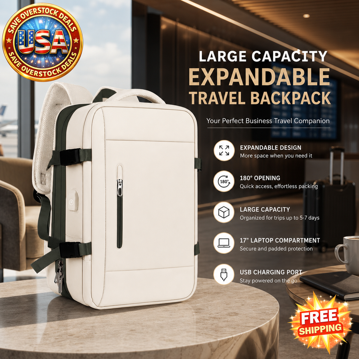 Large Capacity Expandable Travel Backpack for Business and Outdoor