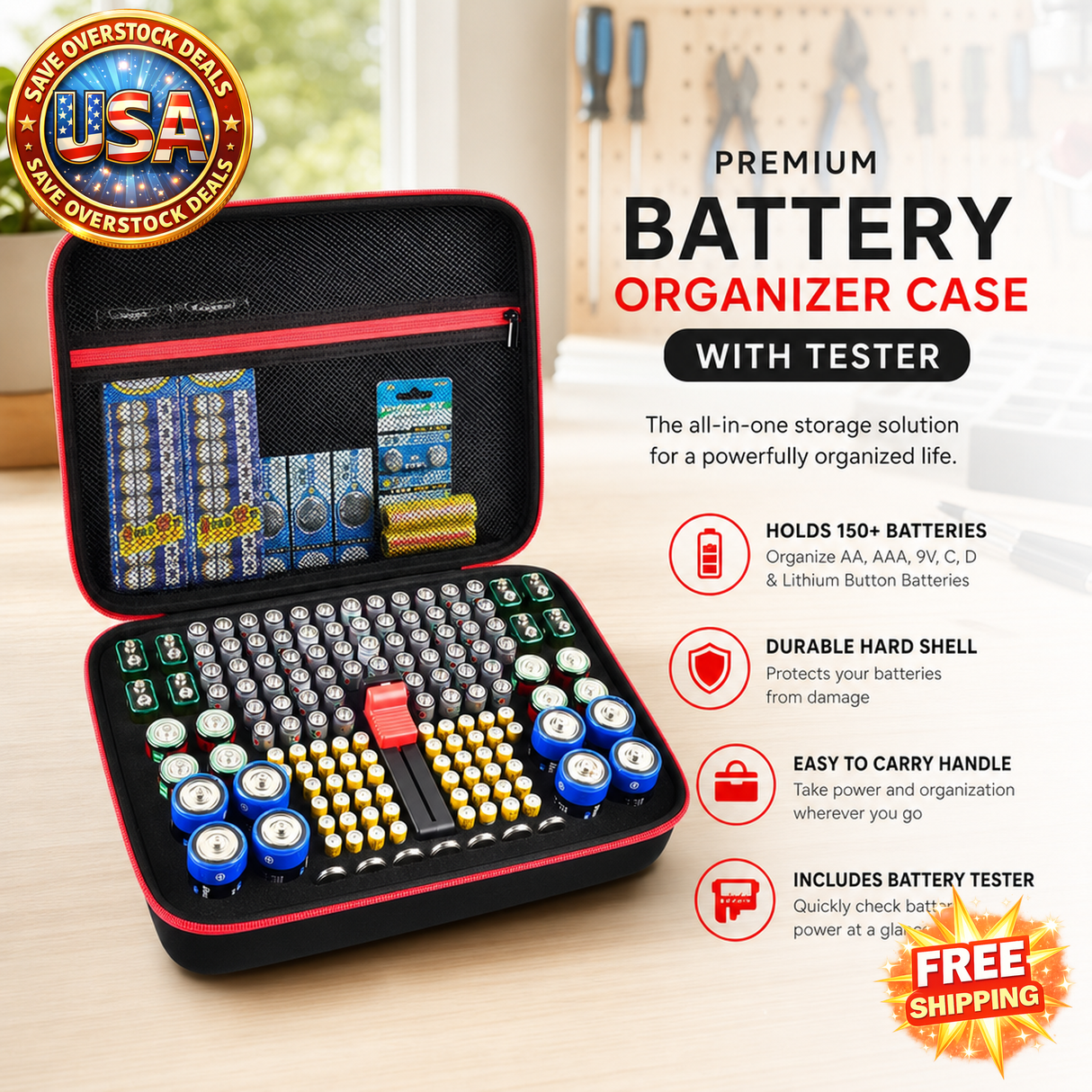Battery Organizer Case with Tester for 150+ Batteries