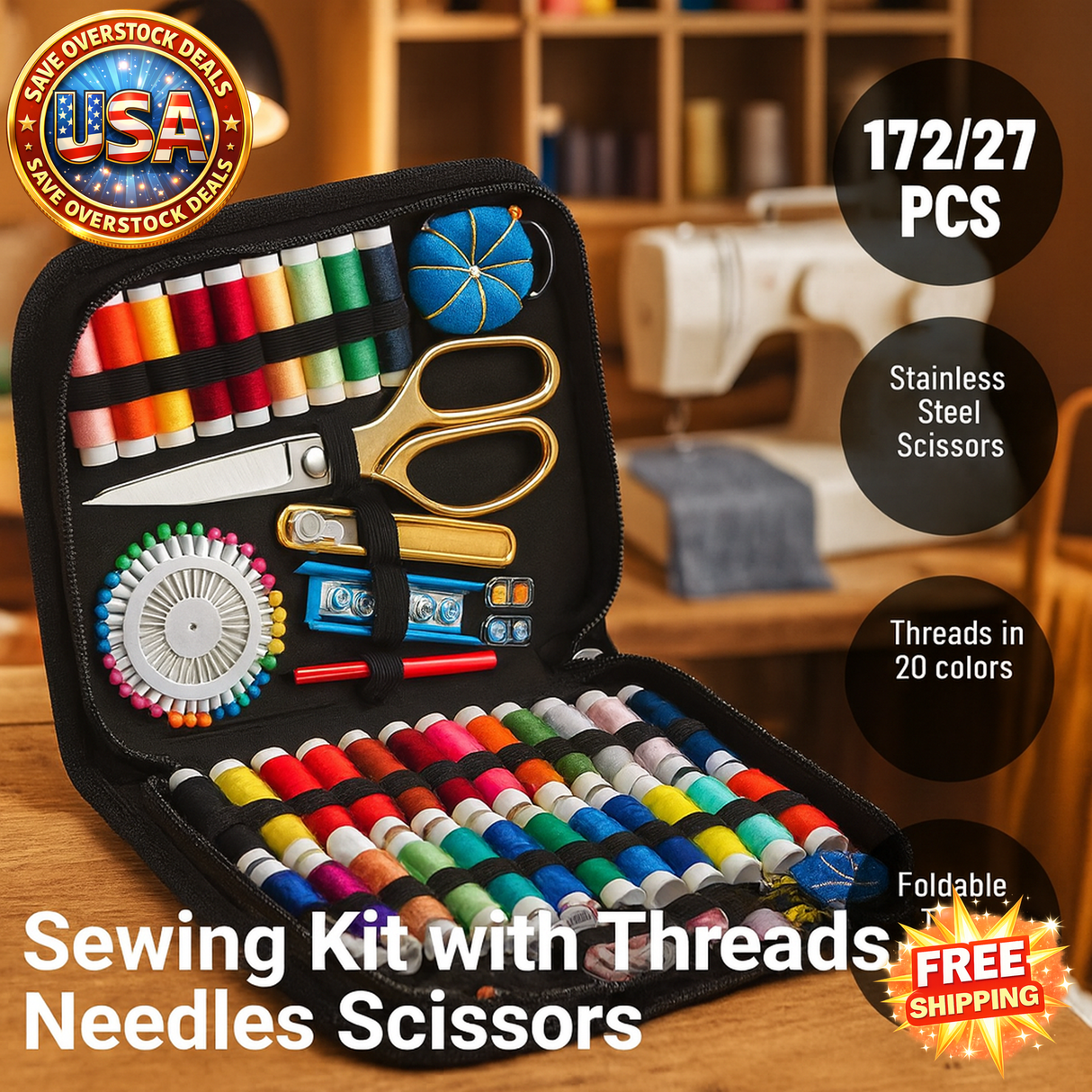 Sewing Kit Set 27pcs with Threads, Needles, Scissors & Storage Bag