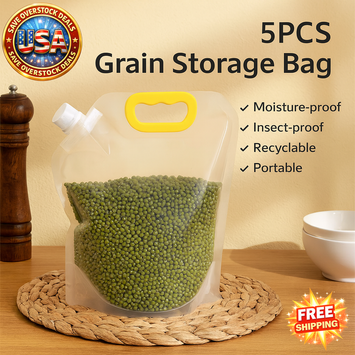 Grain Storage Bags 5PCS Portable Insect & Moisture Proof Recyclable