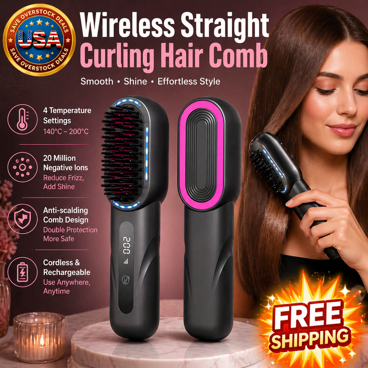 Wireless Hair Straightener Comb with Negative Ion Technology
