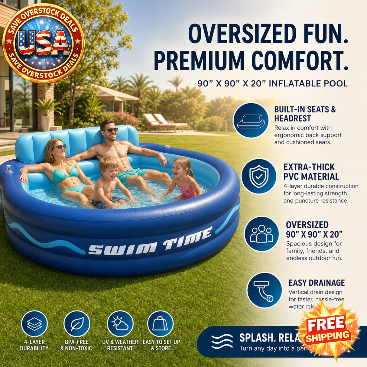 Inflatable Pool with Seats and Headrest for Backyard Fun