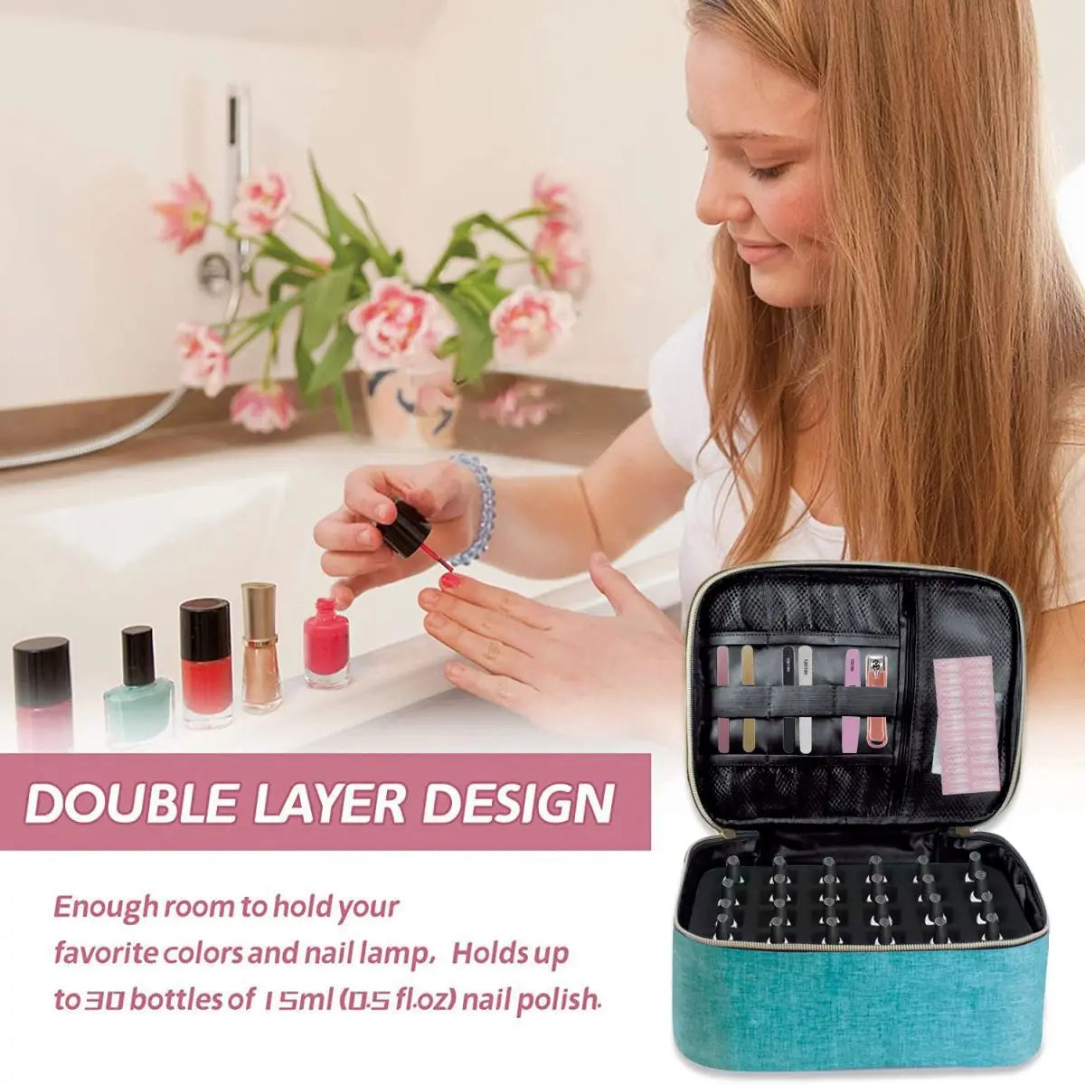 Nail Polish Organizer Tote Bag Double Layer Cosmetic Storage for Women
