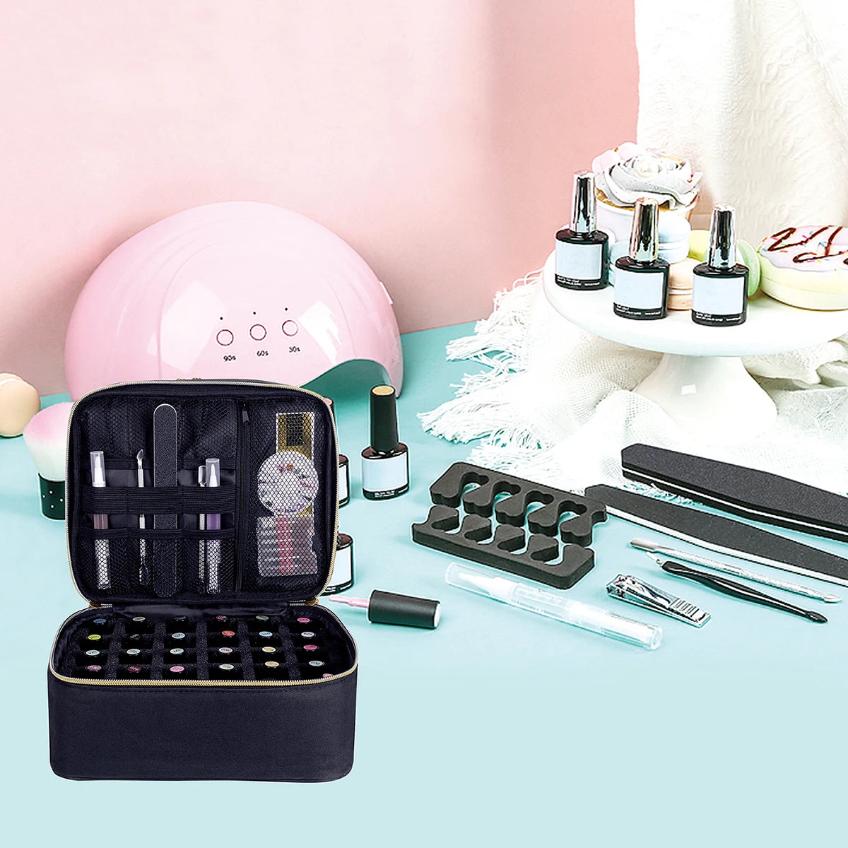 Nail Polish Organizer Tote Bag Double Layer Cosmetic Storage for Women