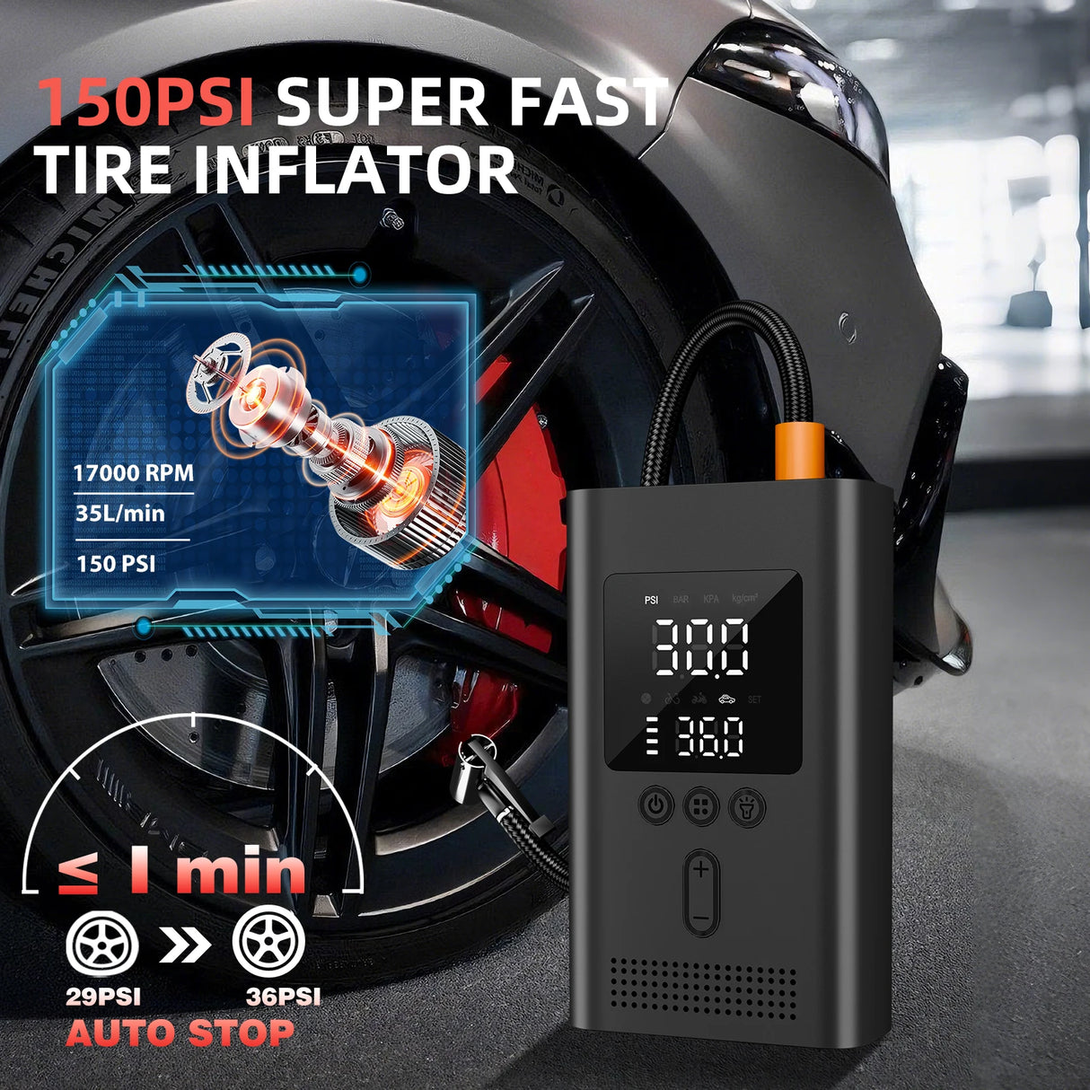 8000mAh Car Jump Starter & Tire Inflator, 150PSI Portable Air Compressor