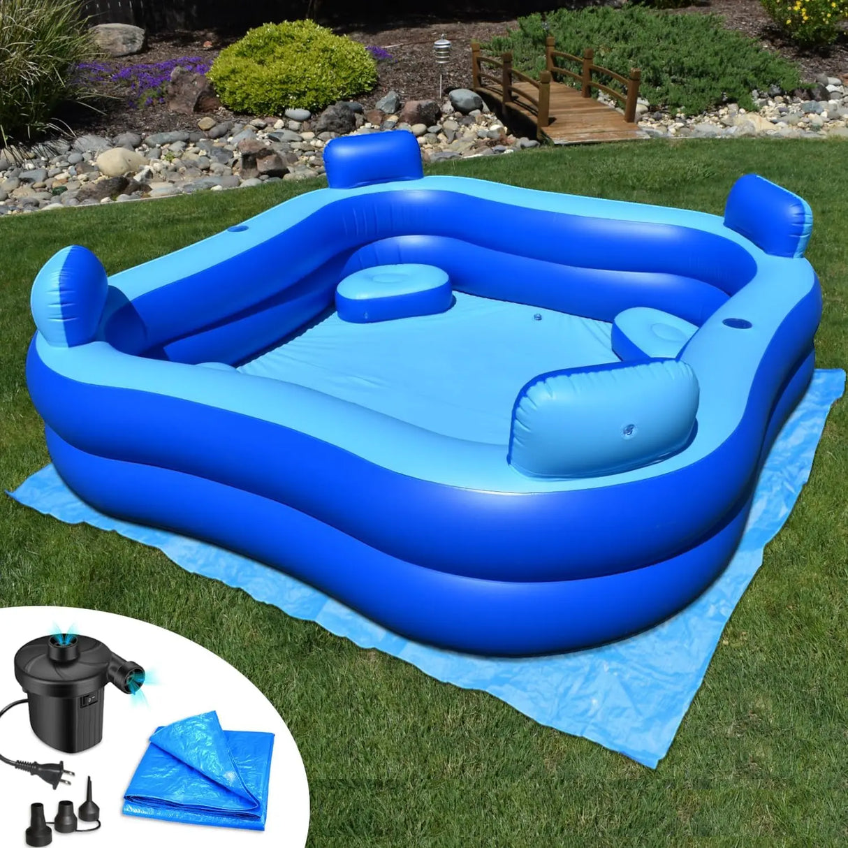 Inflatable Pool with Seats and Headrests, 8ft x 8ft, Electric Pump Included