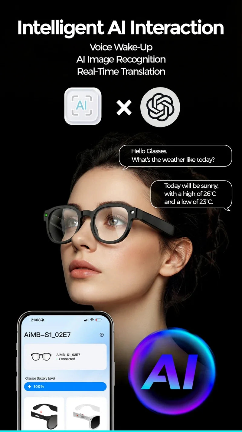 Smart AI Glasses with 800W Camera, Bluetooth, Waterproof, Voice Call