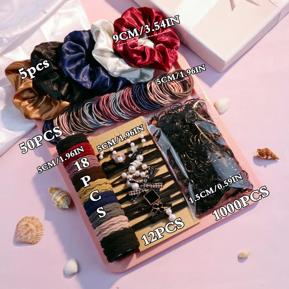 1085PCS Dark Hair Accessories Set - Seamless Ponytail Holders & Scrunchies
