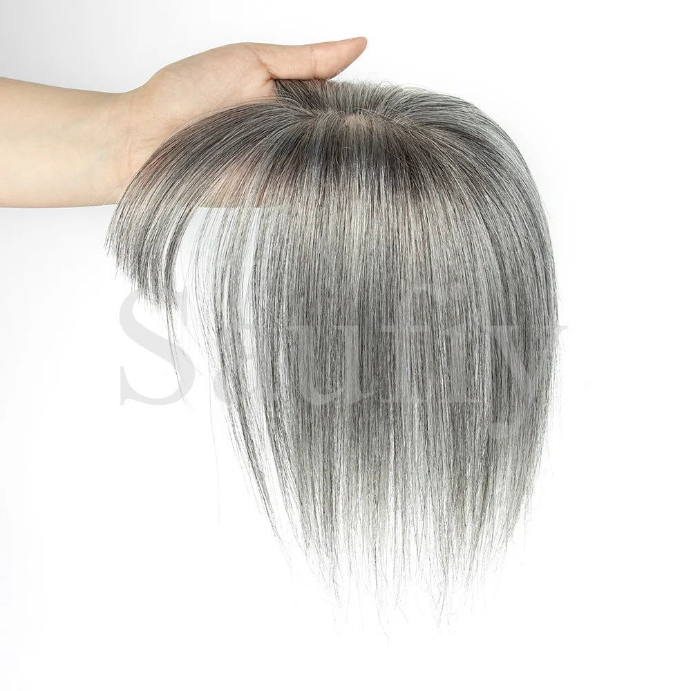 Gray Hair Toppers with Bangs for Women, Clip-in Human Hair, 5x9cm