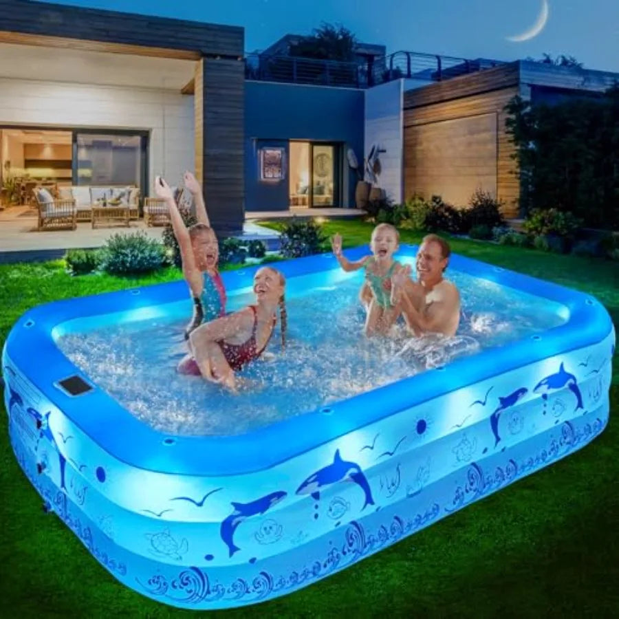 Inflatable Family Pool 100x63x20 PVC Thickened with Solar Lights
