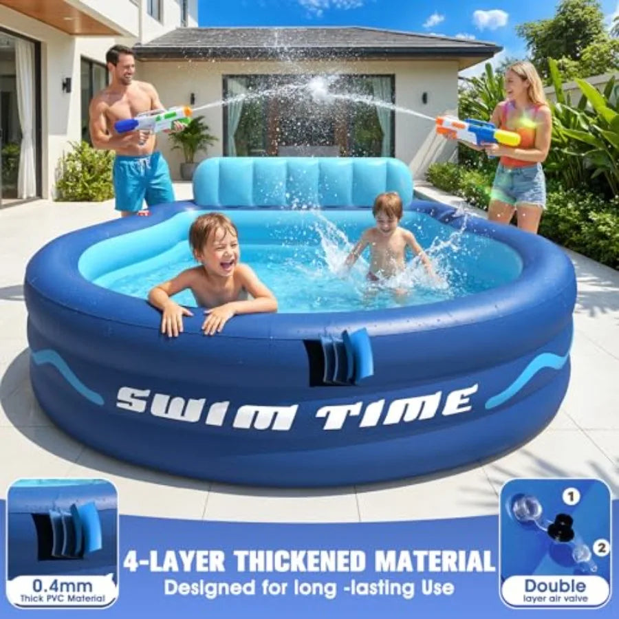 Inflatable Pool with Seats & Headrest, Oversized 90x90x20, Durable PVC