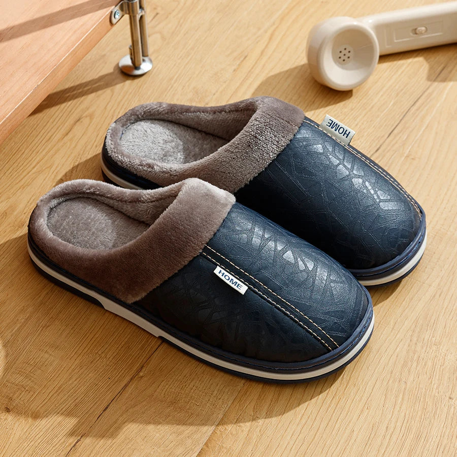 Men's Waterproof PU Leather Slippers - Large Size Indoor Home Shoes