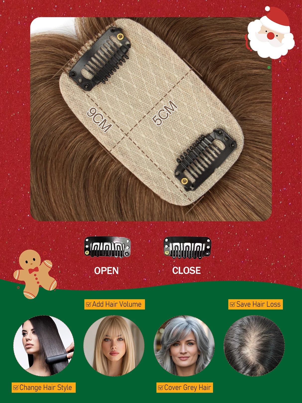 Human Hair Toppers with Clips for Volume and Length, 5x9cm Base