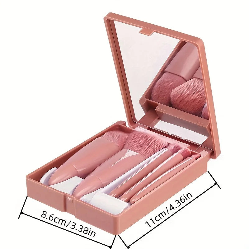 Portable Makeup Brush Set 5Pcs with Mirror - Travel Kit