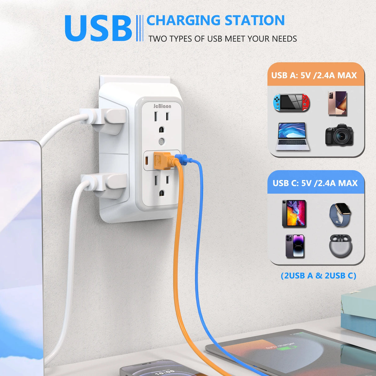Power Strip with 6 AC Outlets & 4 USB Ports, Multi Socket Fast Charging