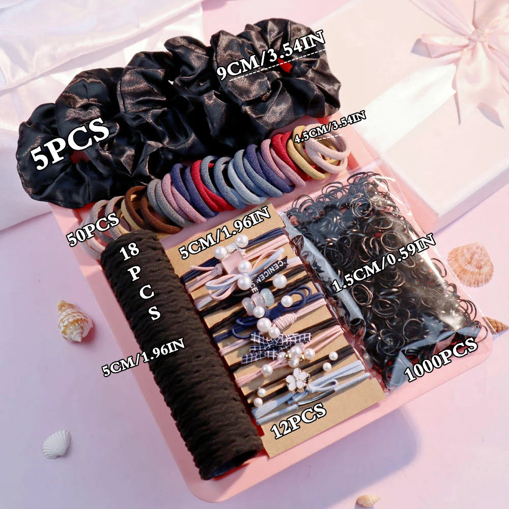 1085PCS Dark Hair Accessories Set - Seamless Ponytail Holders & Scrunchies
