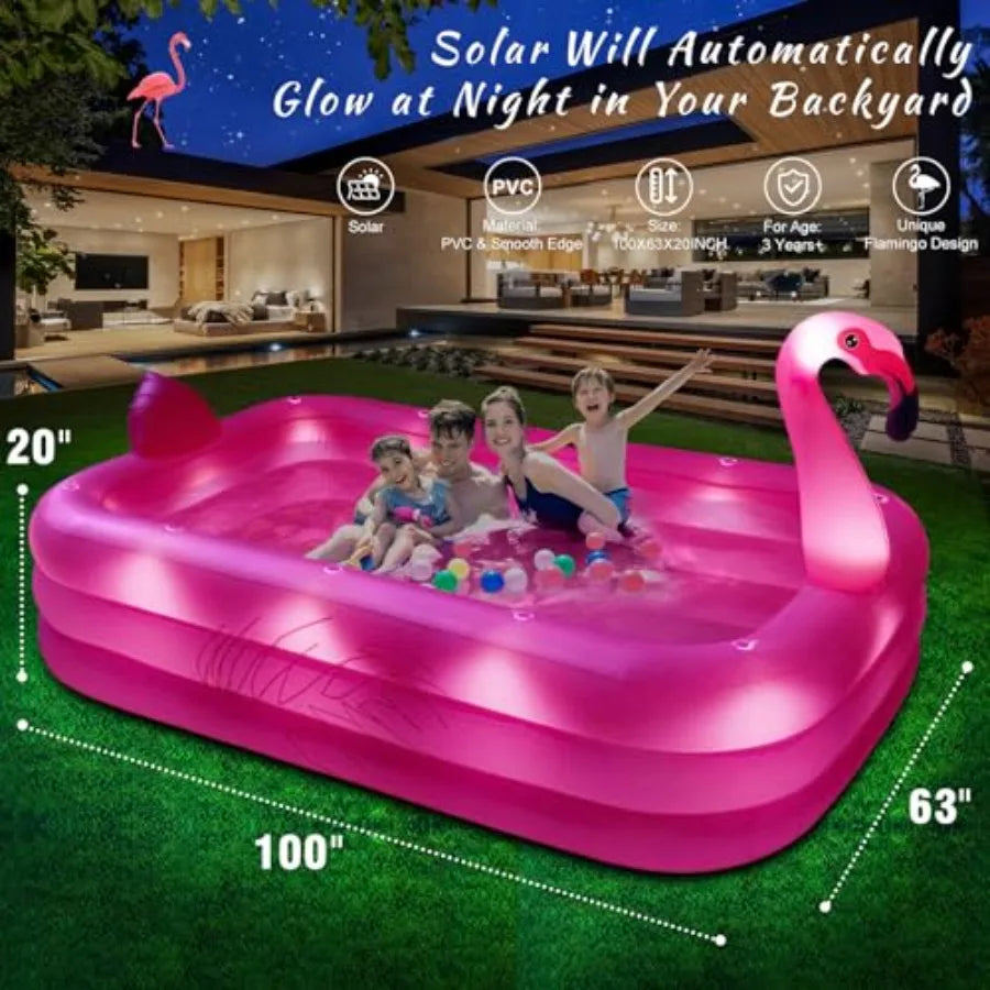 Inflatable Pool with Lights for Backyard Outdoor Use, Bright Pink 100x63x20