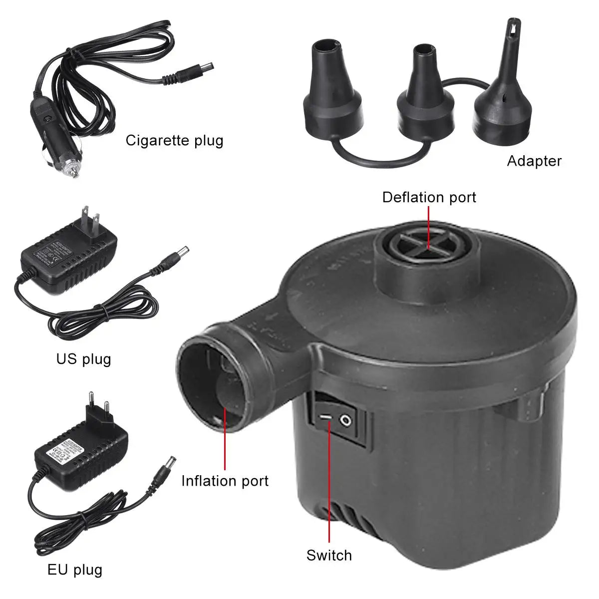 Portable Electric Air Pump 12V with 3 Nozzles for Inflatable Pools and More