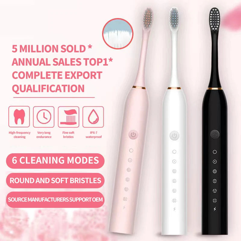 Sonic Electric Toothbrush IPX7 Waterproof USB Rechargeable 6 Modes