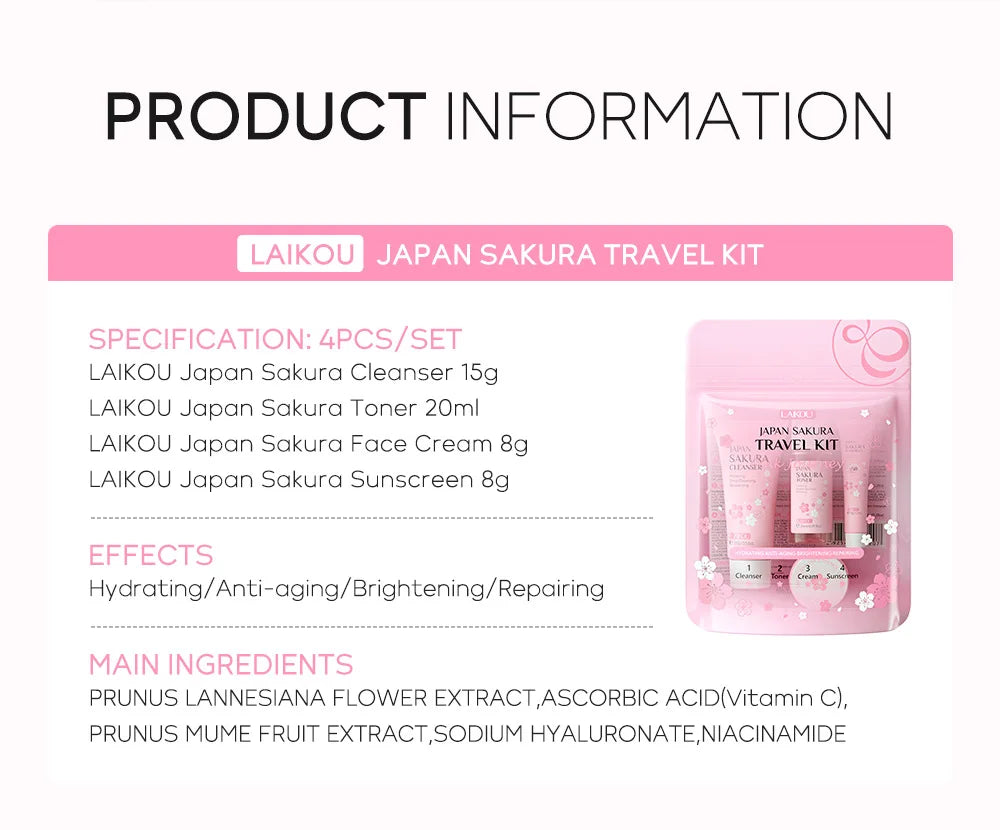 Sakura Skin Care Set - Facial Cleanser, Cream, Serum, Toner - Moisturizing Kit