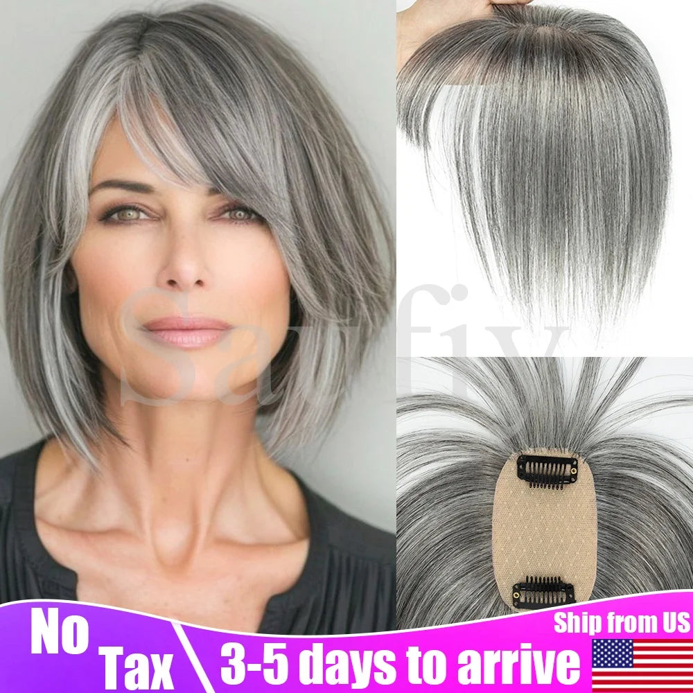 Gray Hair Toppers with Bangs for Women, Clip-in Human Hair, 5x9cm
