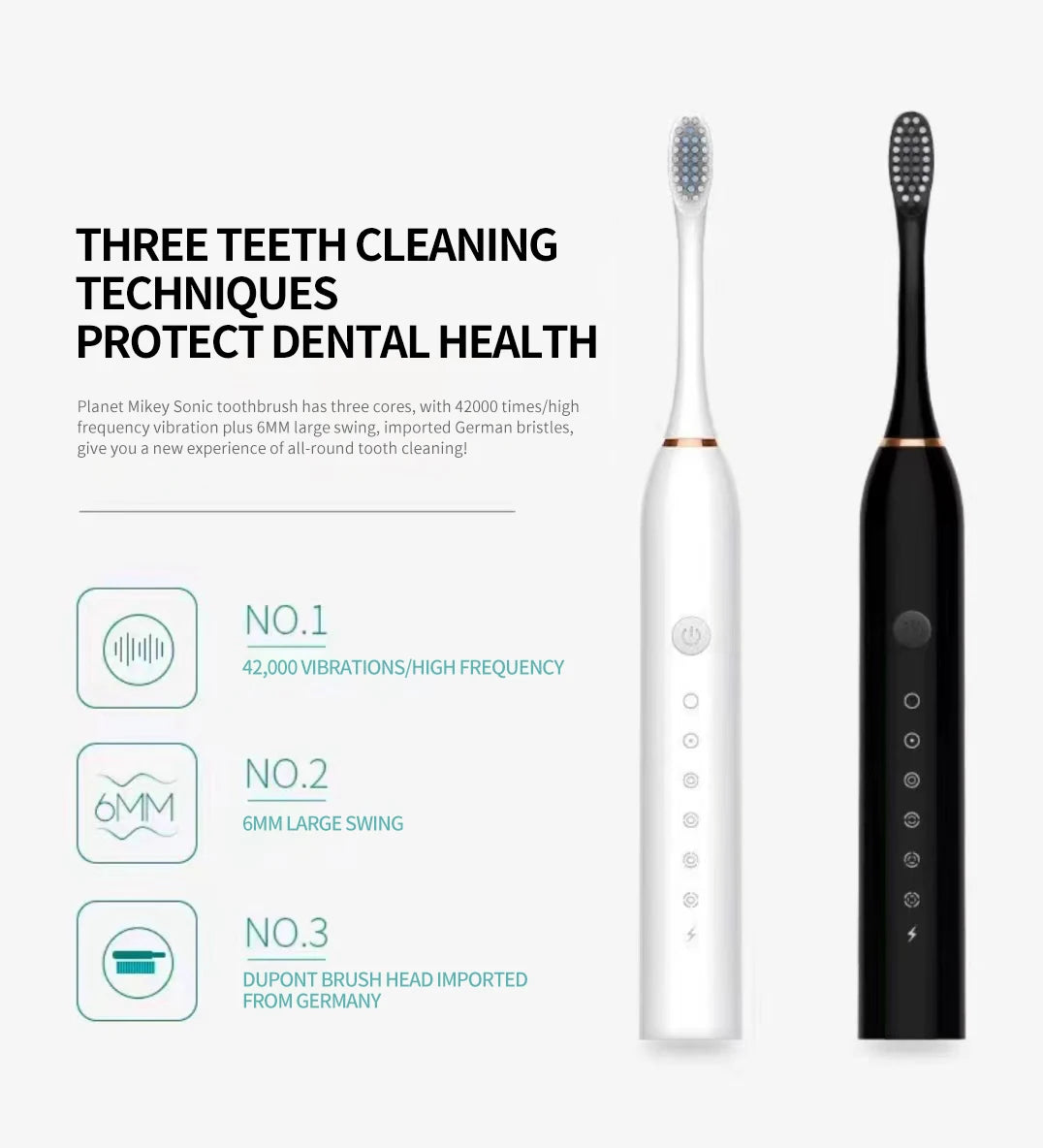 Sonic Electric Toothbrush IPX7 Waterproof USB Rechargeable 6 Modes