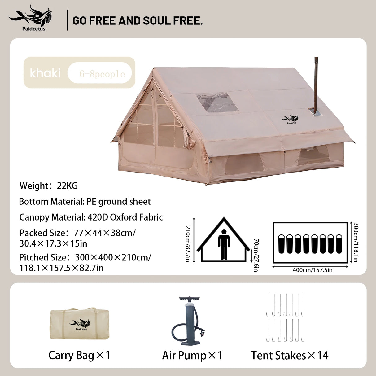 Inflatable Camping Tent for 4-8 Persons, Waterproof with Carry Bag