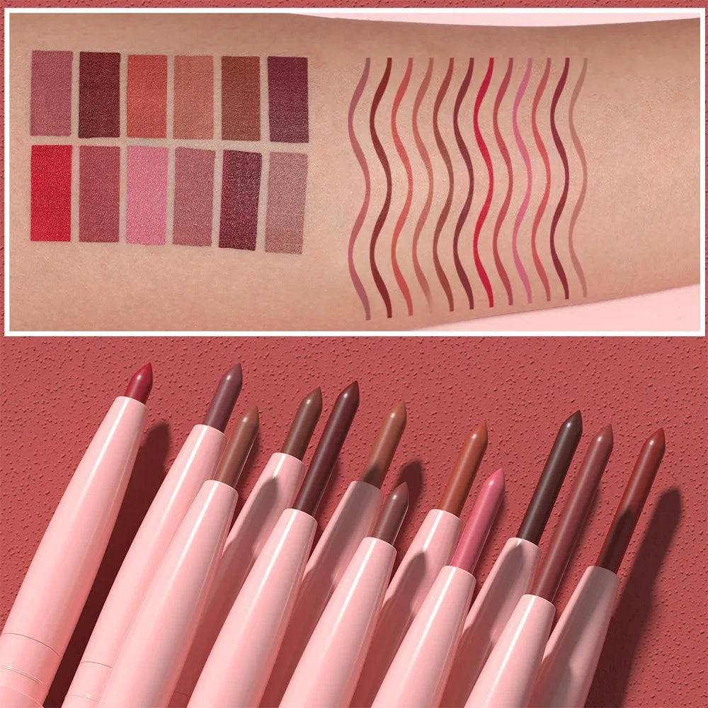 Matte Lip Liner Pencil Set 12 Colors Waterproof Highly Pigmented Makeup