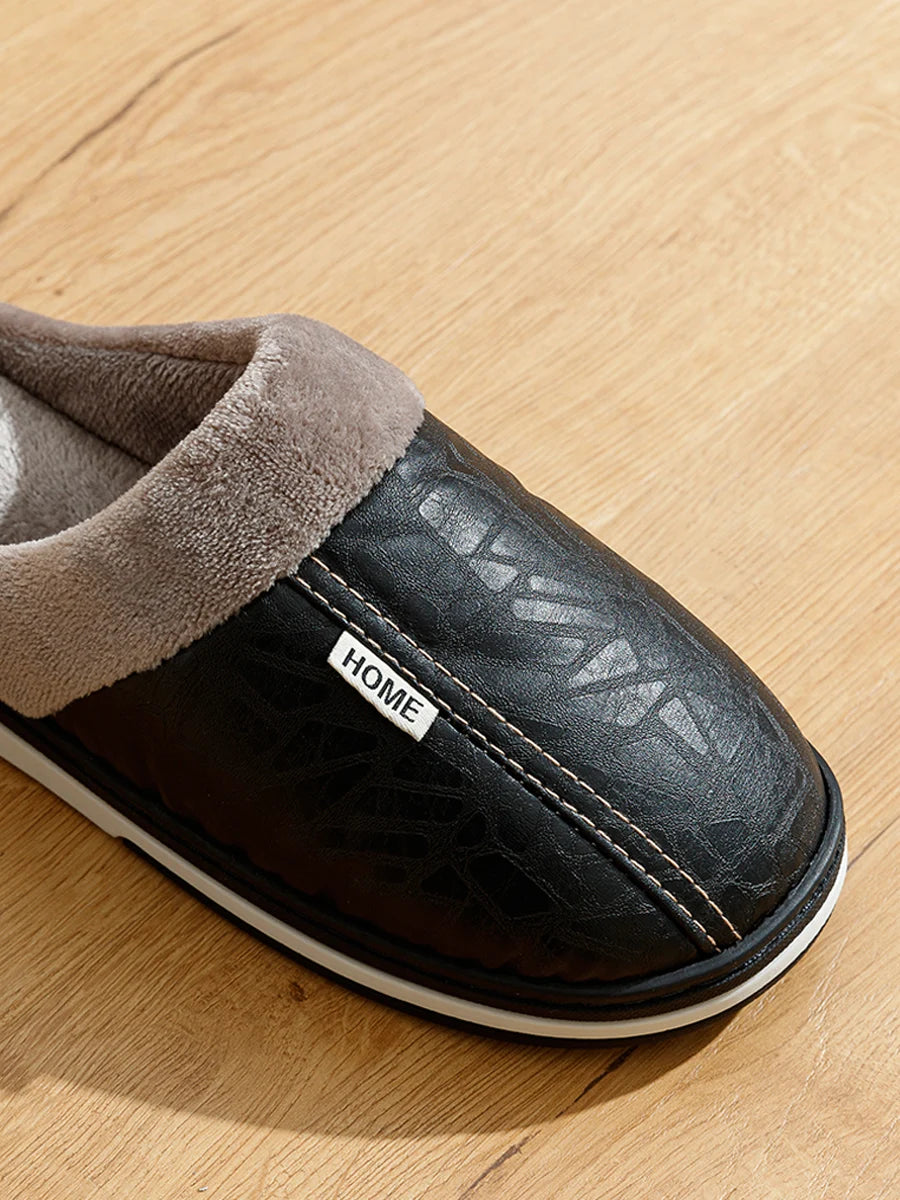 Men's Waterproof PU Leather Slippers - Large Size Indoor Home Shoes
