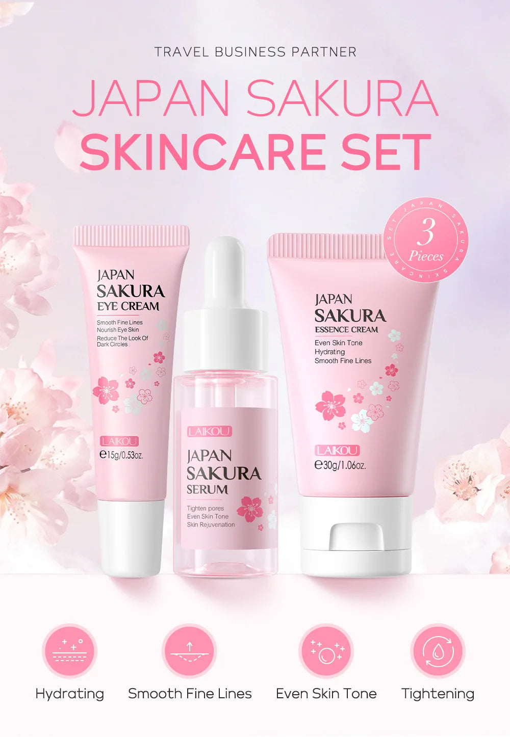 Sakura Skin Care Set - Facial Cleanser, Cream, Serum, Toner - Moisturizing Kit