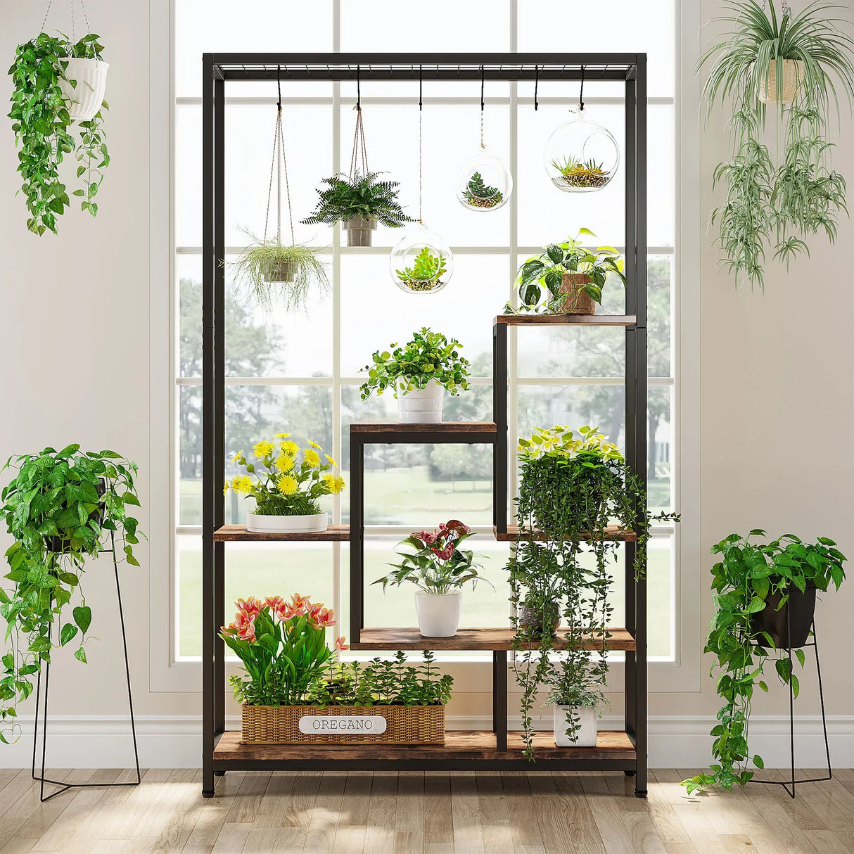 Tribesigns 5-Tier Tall Indoor Plant Stand with 10 Hanging Hooks, 70.9 Inches