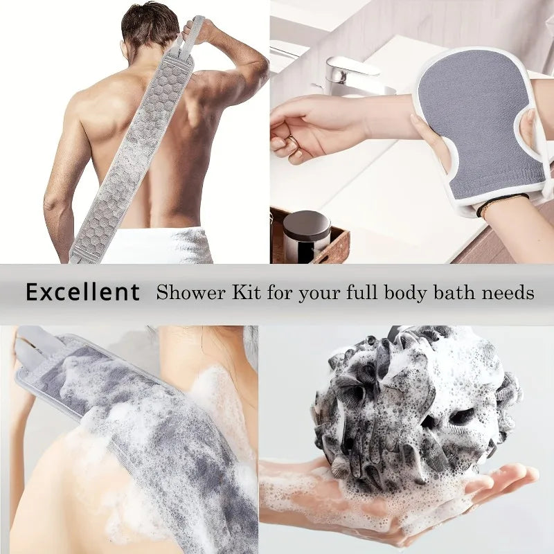 Exfoliating Bath Set 3pcs - Loofah Sponge, Bath Glove & Washcloth Towel