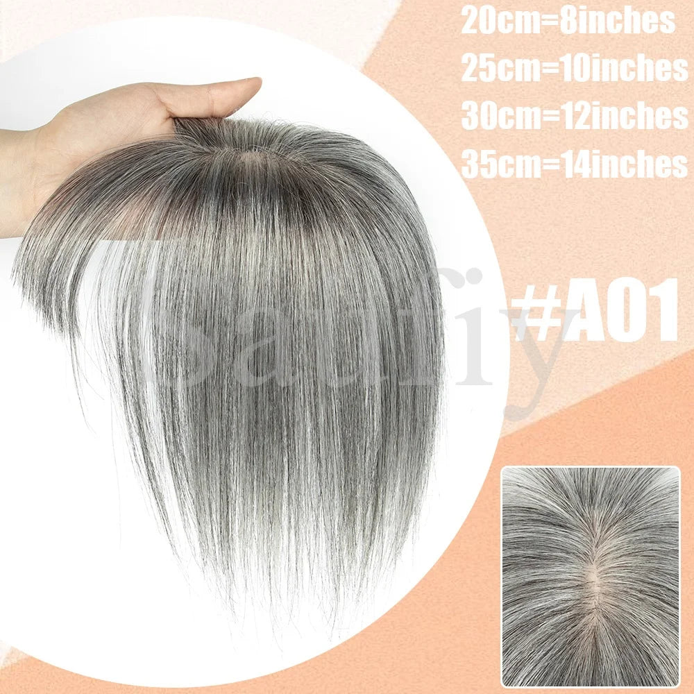 Gray Hair Toppers with Bangs for Women, Clip-in Human Hair, 5x9cm
