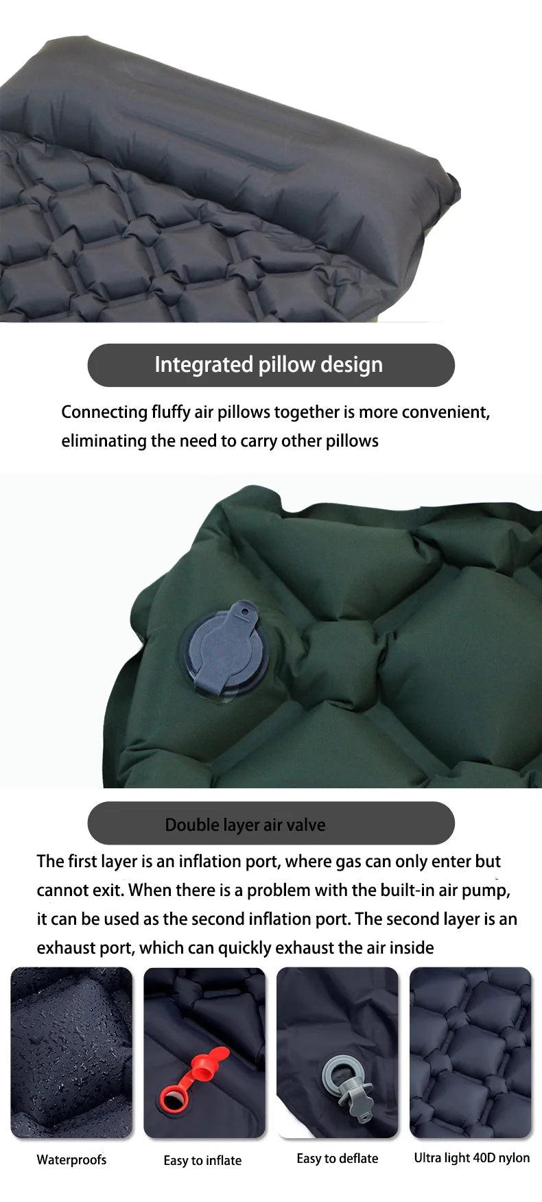 Inflatable Camping Mattress Pad with Pillows - Ultralight Air Mat