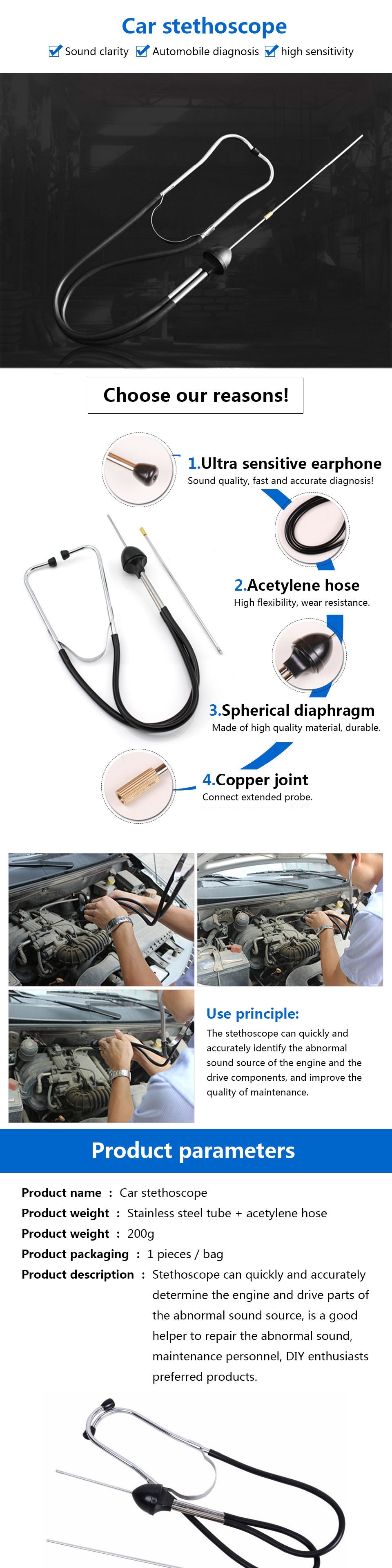 Auto Cylinder Stethoscope Diagnostic Tool for Car Engine Mechanics