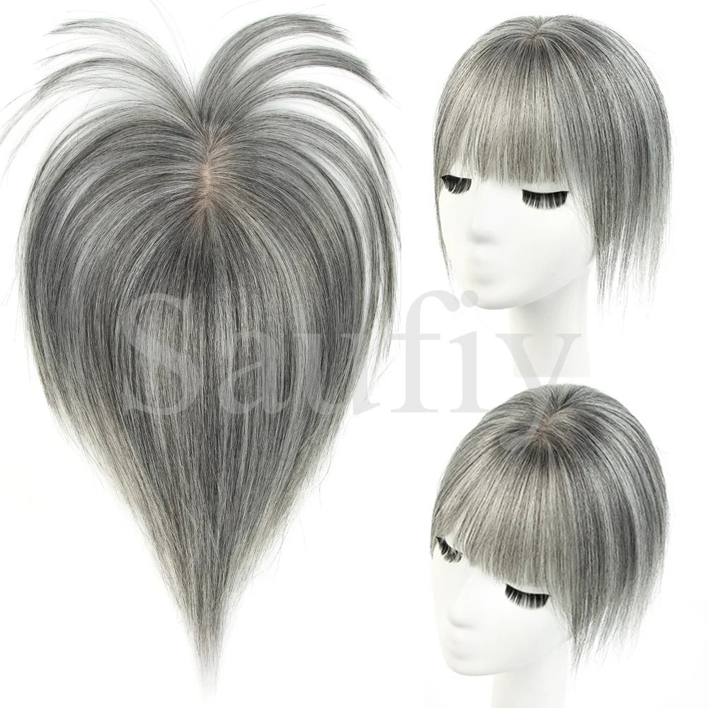 Gray Hair Toppers with Bangs for Women, Clip-in Human Hair, 5x9cm