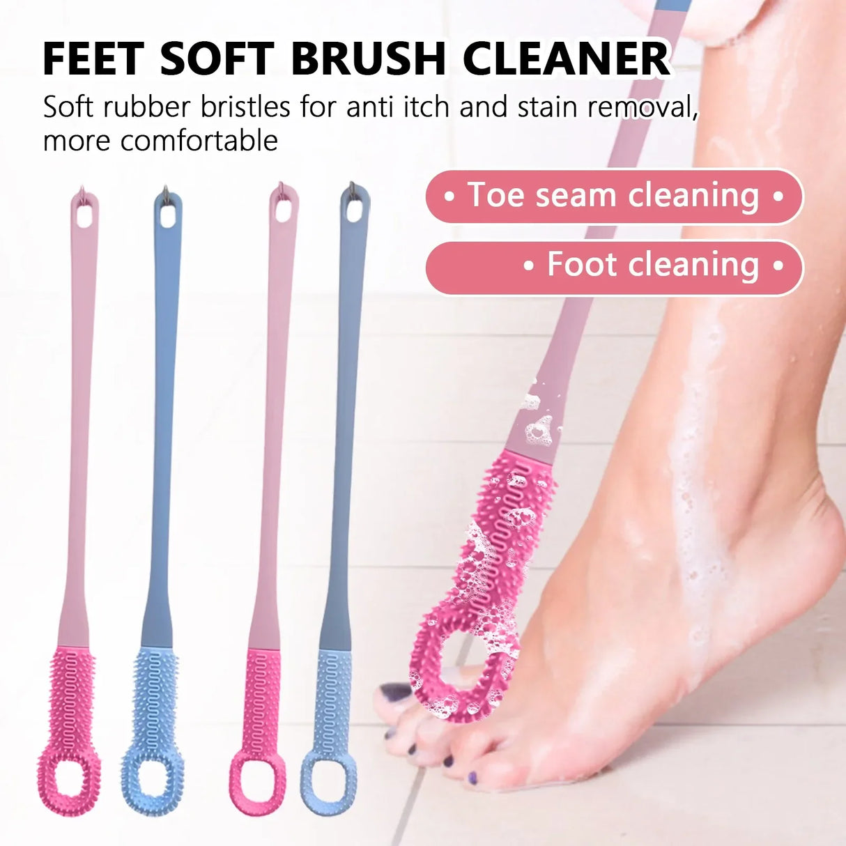 Comfort Silicone Brush Long Handle Soft Rubber Toe Gap Brush for Foot Care