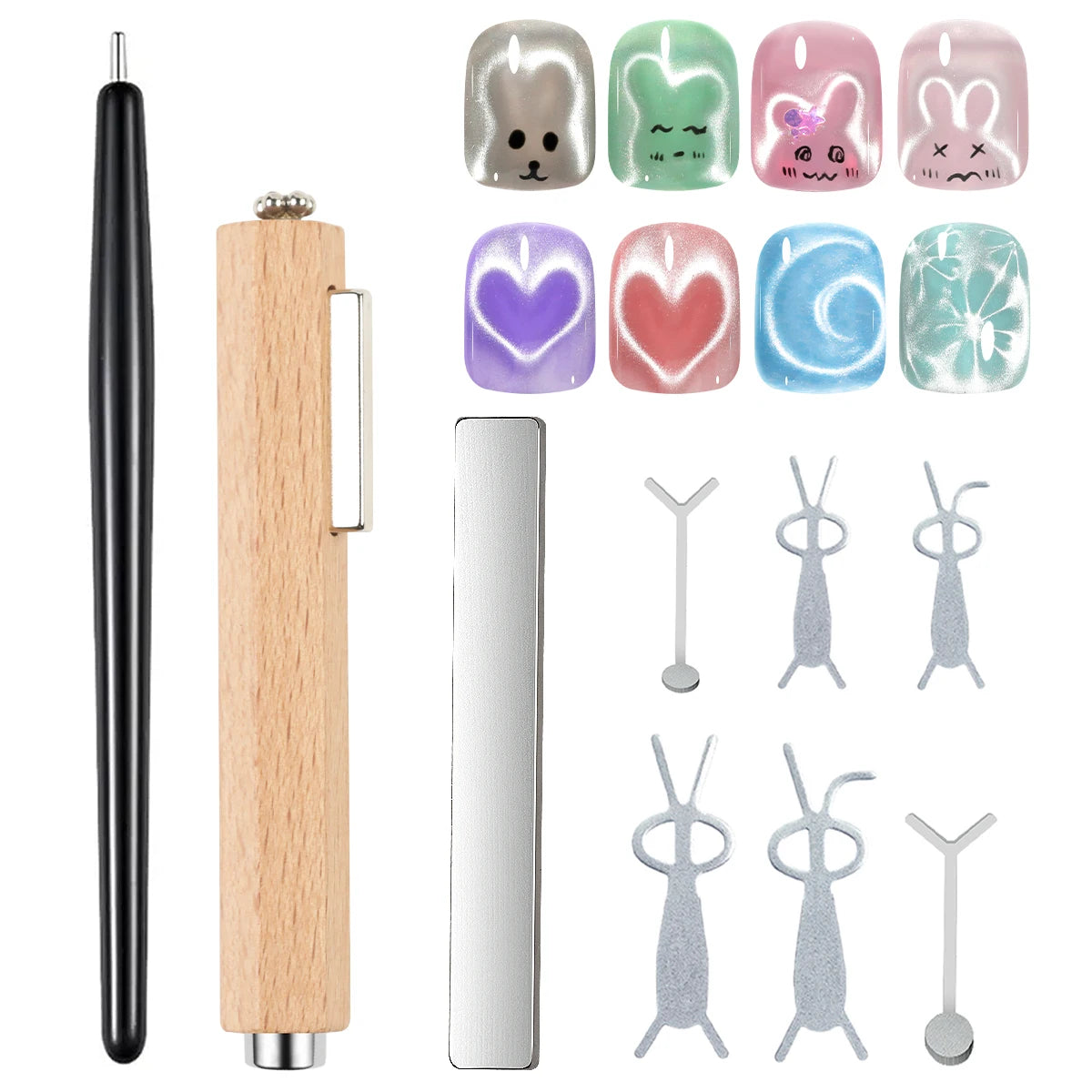 Cat Eye Magnet Set 9pcs for Nails - Heart Shaped Rabbit Design DIY Tool