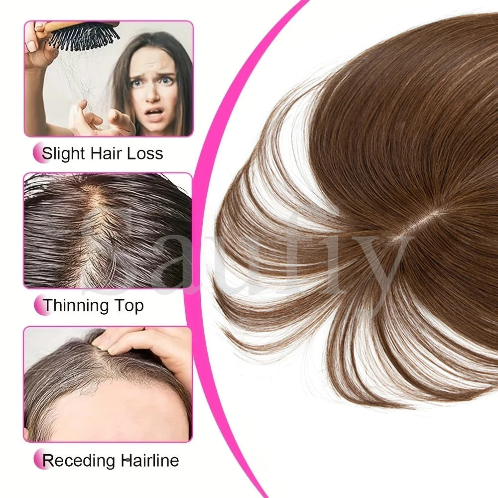 Gray Hair Toppers with Bangs for Women, Clip-in Human Hair, 5x9cm