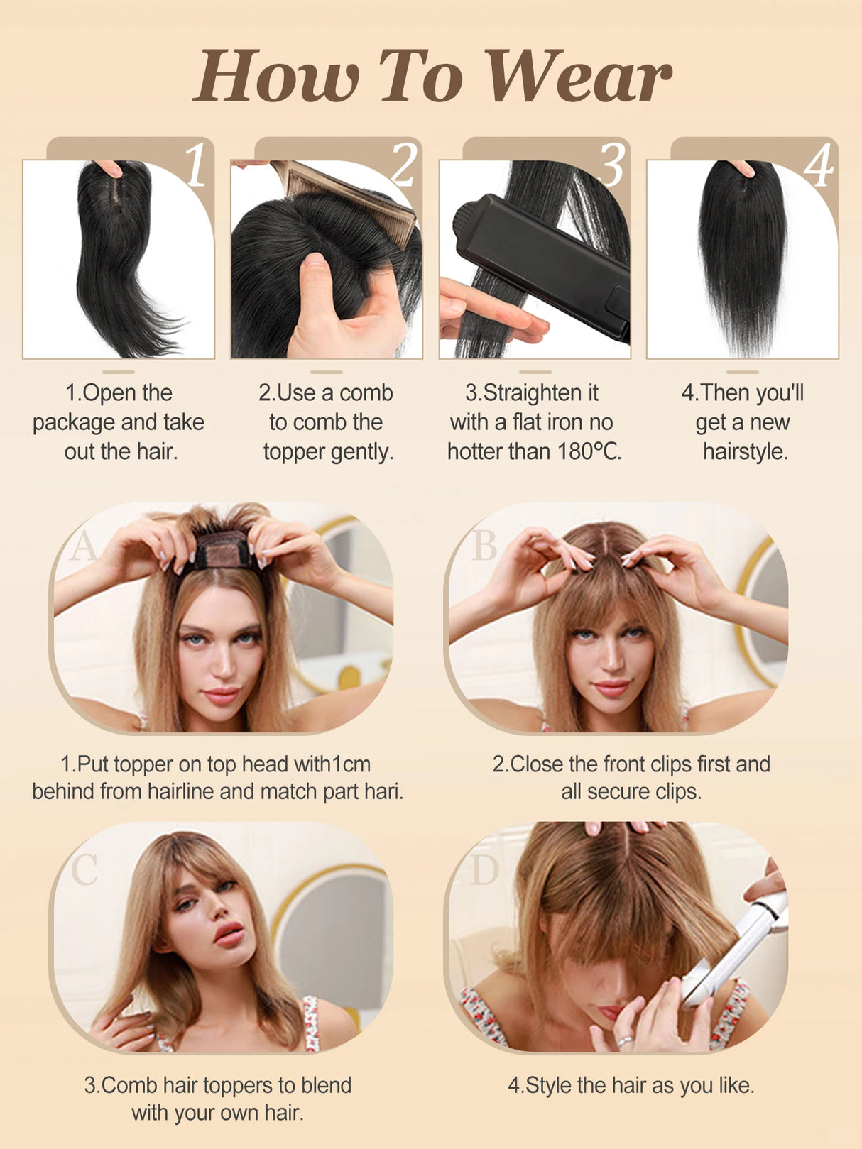 Human Hair Toppers with Clips for Volume and Length, 5x9cm Base
