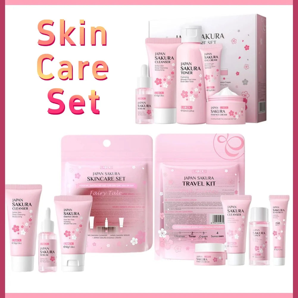 Sakura Skin Care Set with Cleanser, Serum, Eye Cream, Facial Cream - Travel Kit