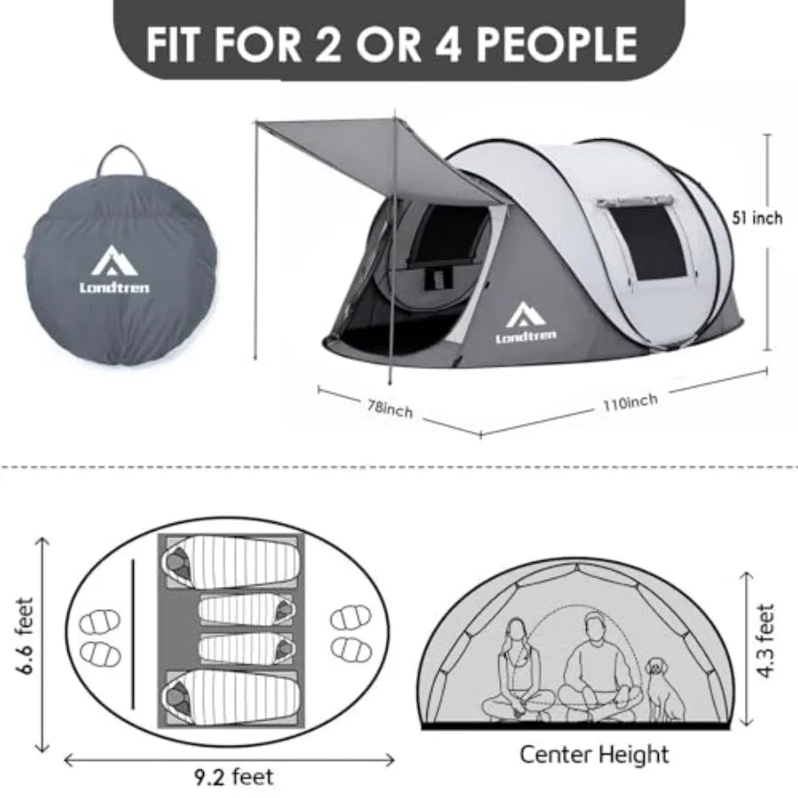 4 Person Pop Up Tent for Camping and Hiking, Waterproof Polyester, Gray/Black