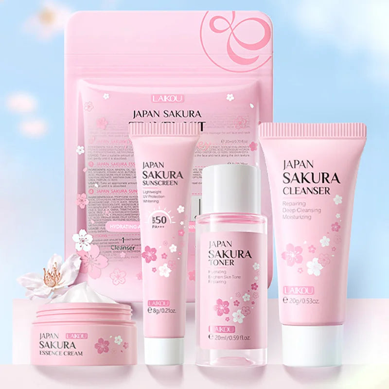 Sakura Skin Care Set - Facial Cleanser, Cream, Serum, Toner - Moisturizing Kit