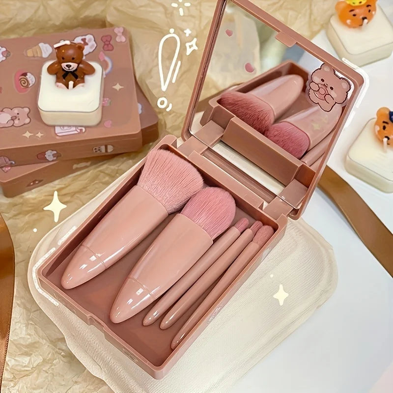 Portable Makeup Brush Set 5Pcs with Mirror - Travel Kit