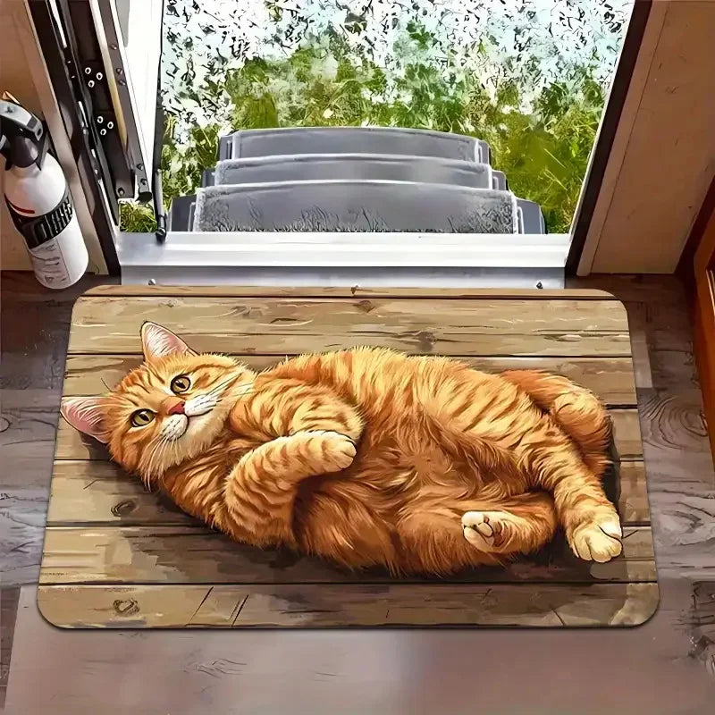 Cartoon Cat Entrance Door Mat - 2D Wooden Design - Anti-Slip Soft Pad