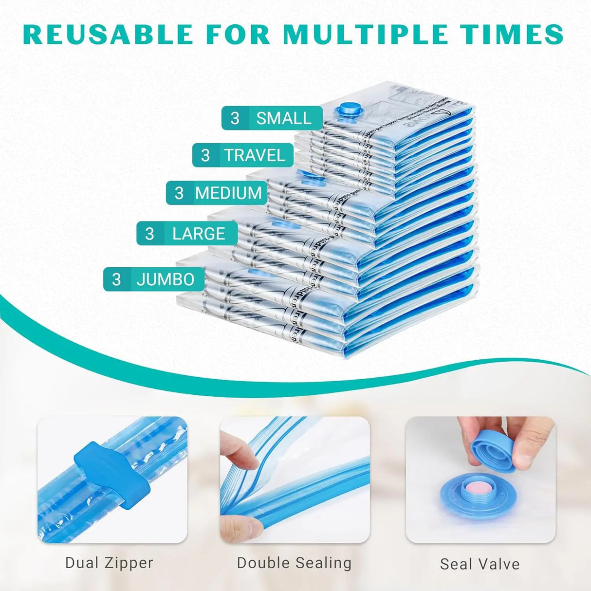 Vacuum Storage Bags with Hand Pump, 15 Pack for Clothes and Travel