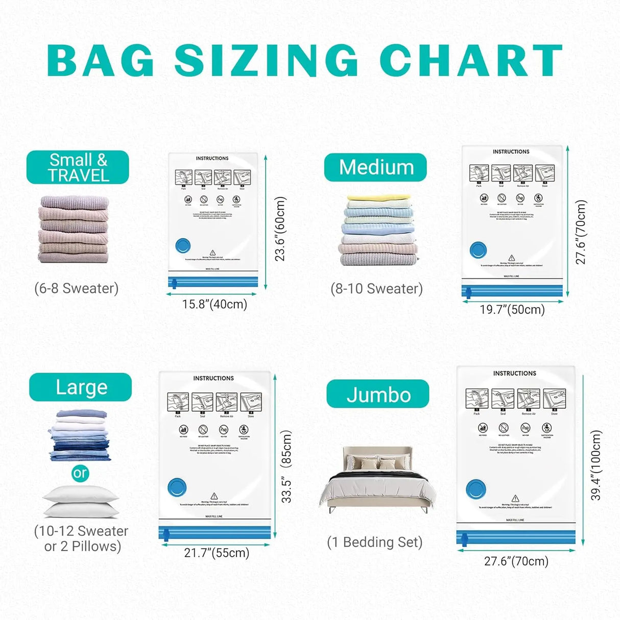 Vacuum Storage Bags with Hand Pump, 15 Pack for Clothes and Travel