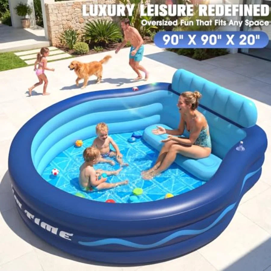 Inflatable Pool with Seats & Headrest, Oversized 90x90x20, Durable PVC
