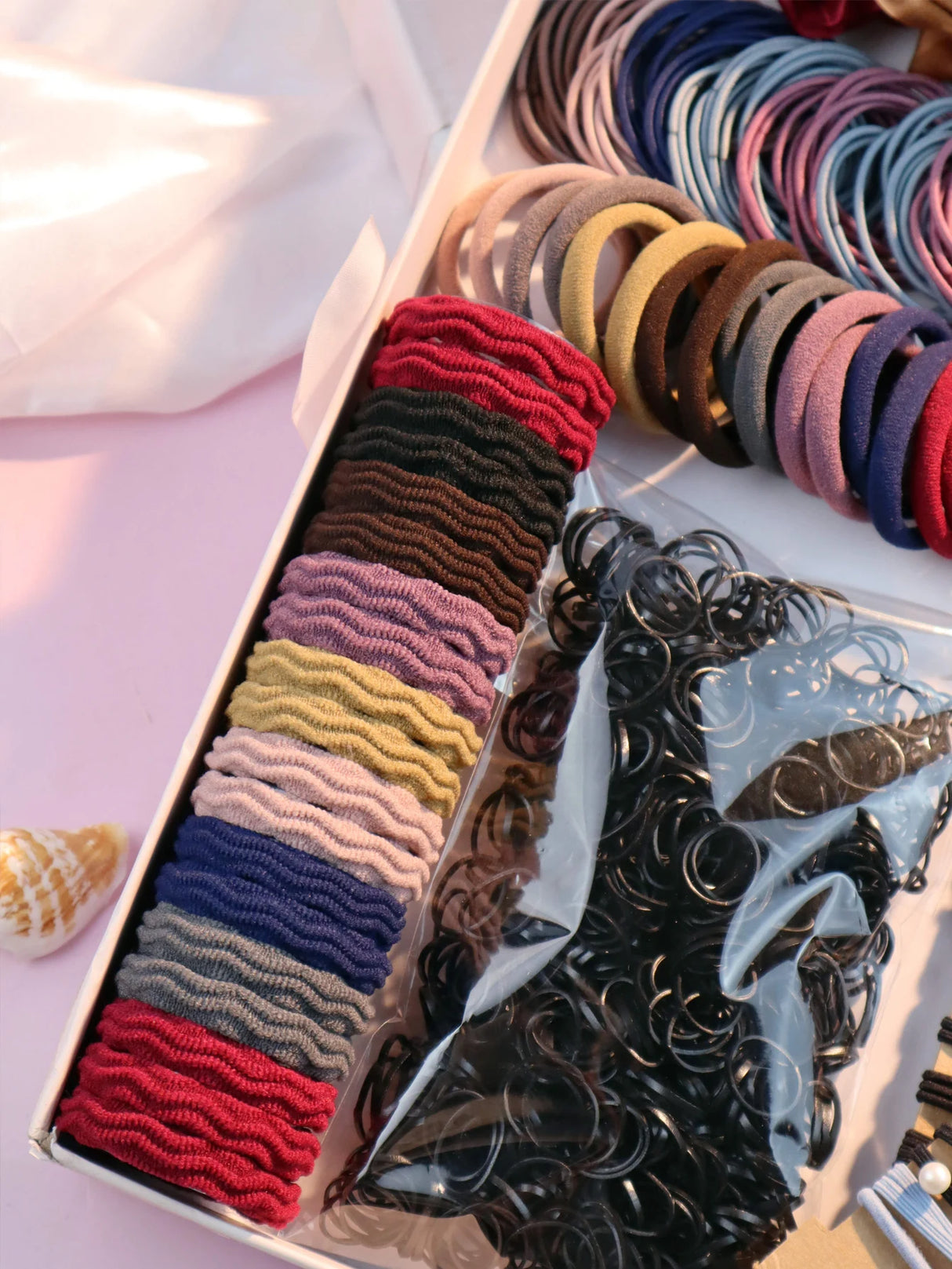 1085PCS Dark Hair Accessories Set - Seamless Ponytail Holders & Scrunchies